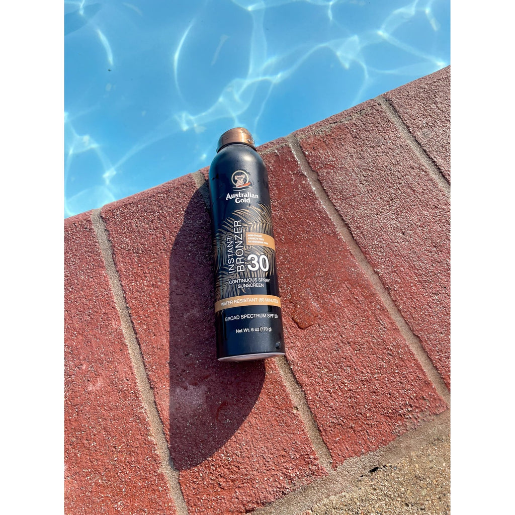 Australian Gold Continuous Spray Sunscreen with Instant Bronzer SPF 30, Immediate Glow & Dries Fast Water Resistant NonGreasy Oxybenzone Free Cruelty Free, Bronzer New, Orange, 6 Oz