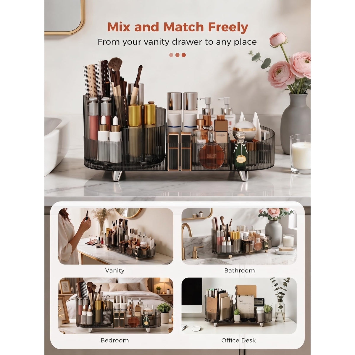 Premium imported rotating makeup organizer perfect for vanity, bathroom, bedroom, or office use.