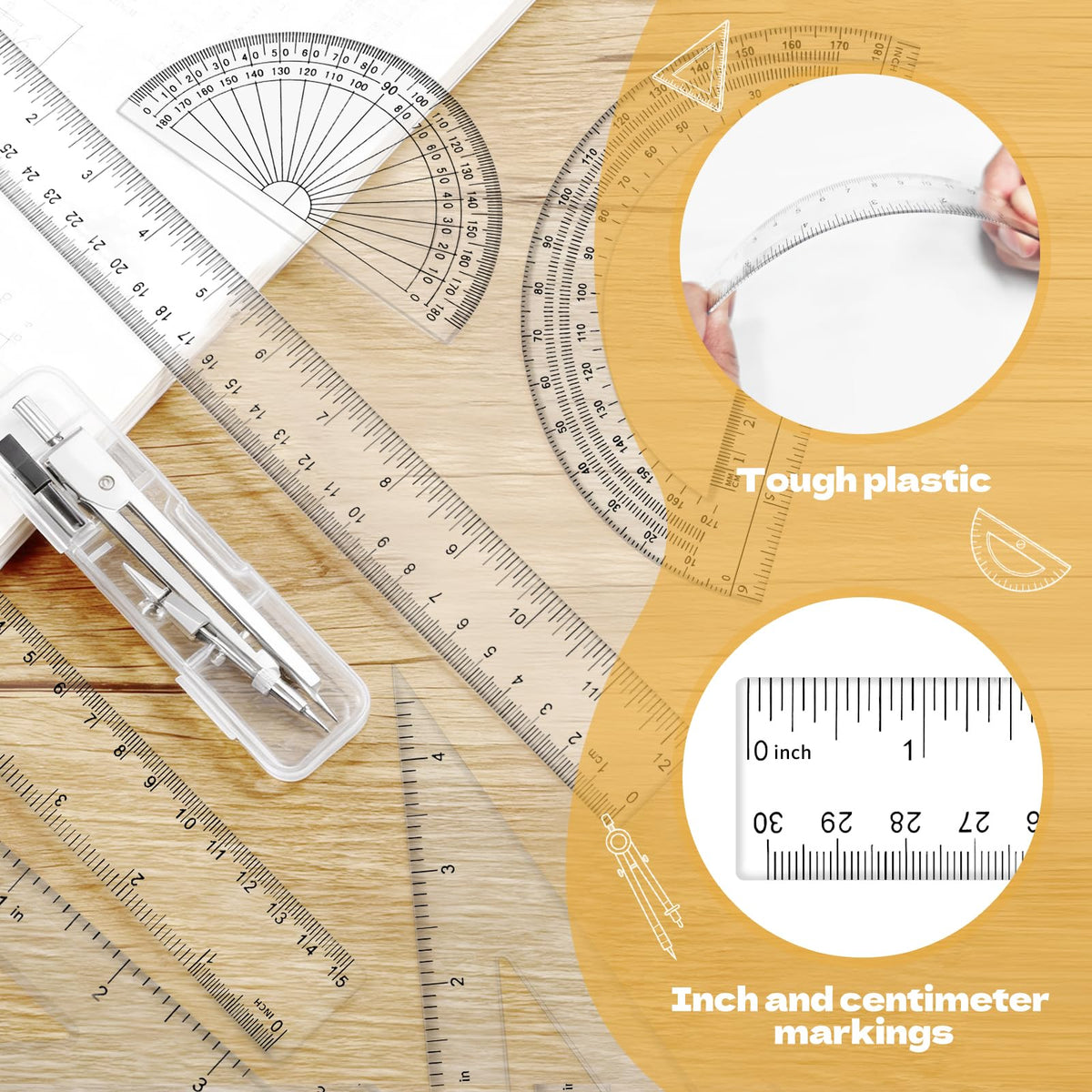 Premium imported Geometry Set with clear plastic rulers featuring inch and centimeter markings, available at Curat Cart.