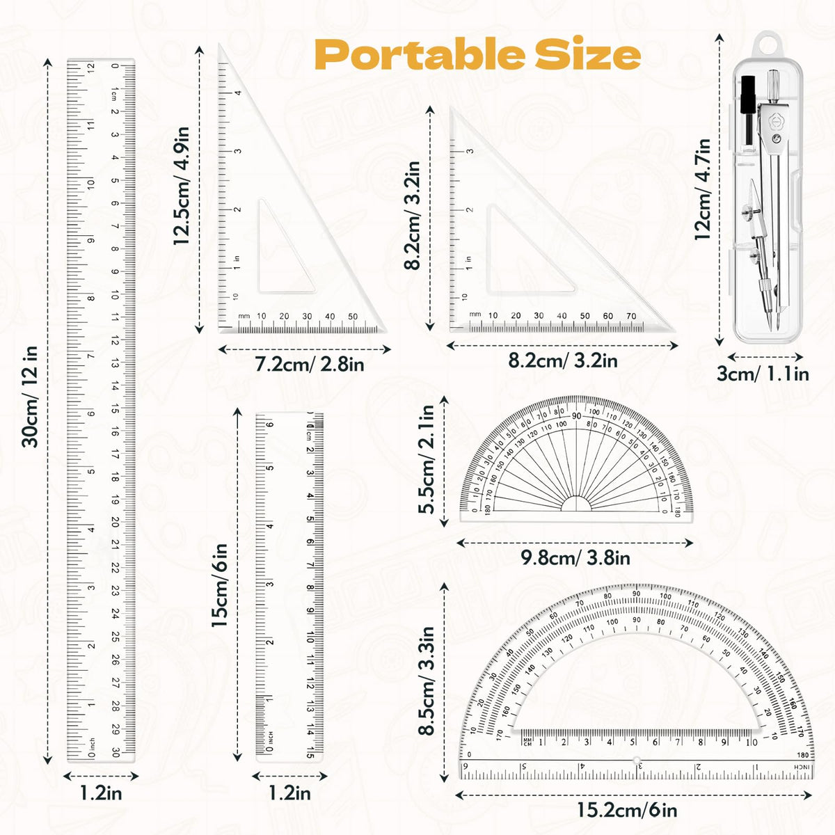 Premium clear plastic geometry set including rulers and protractor, showcasing high-quality material at Curat Cart.