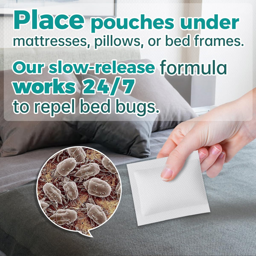 Natural Bed Bug Repellent pouches in high-quality packaging, effectively placed under mattresses at Curat Cart for 24/7 protection.