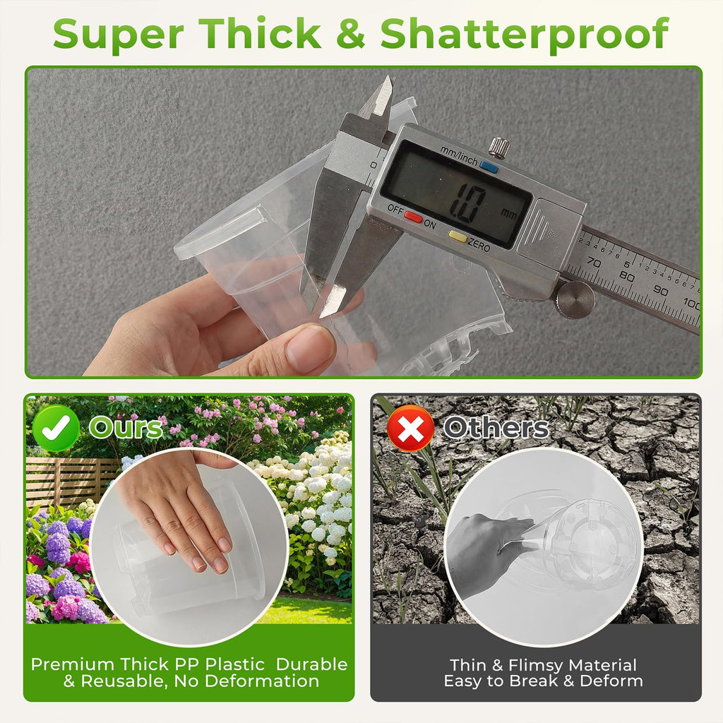 Premium clear nursery pots with drainage holes, specially curated by Curat Cart for durability and reuse. Perfect for your gardening needs.