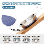 Stylish stainless steel cat bowls with non-slip silicone bottoms in eight attractive colors, available at Curat Cart.