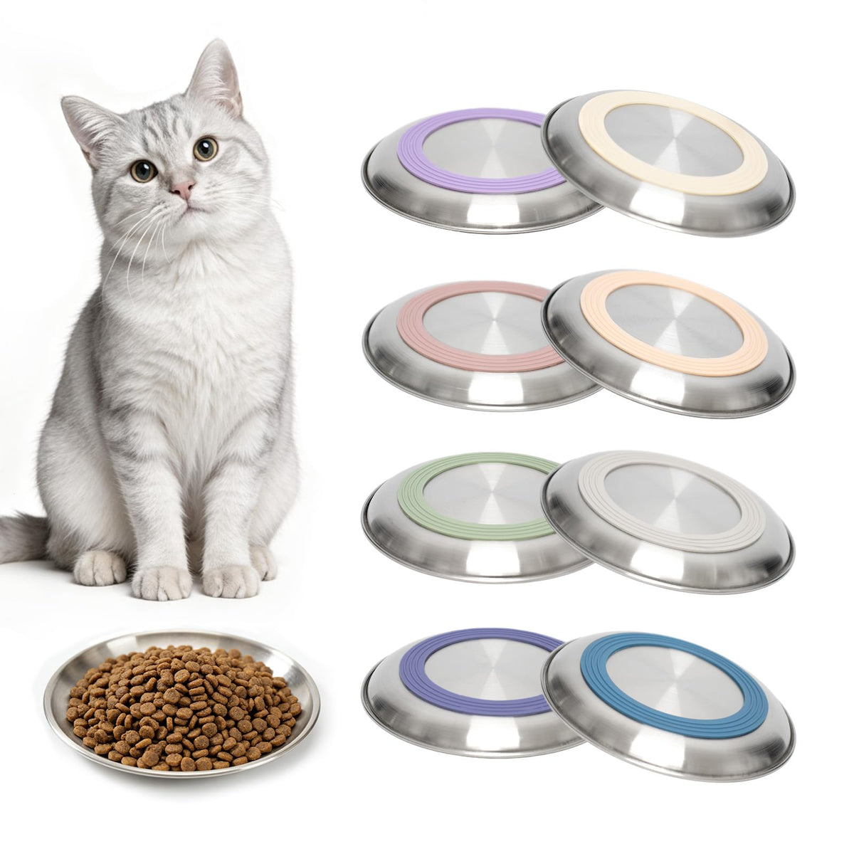 Premium imported stainless steel cat food bowls in various colors, perfect for your feline's dining experience. Available at Curat Cart.
