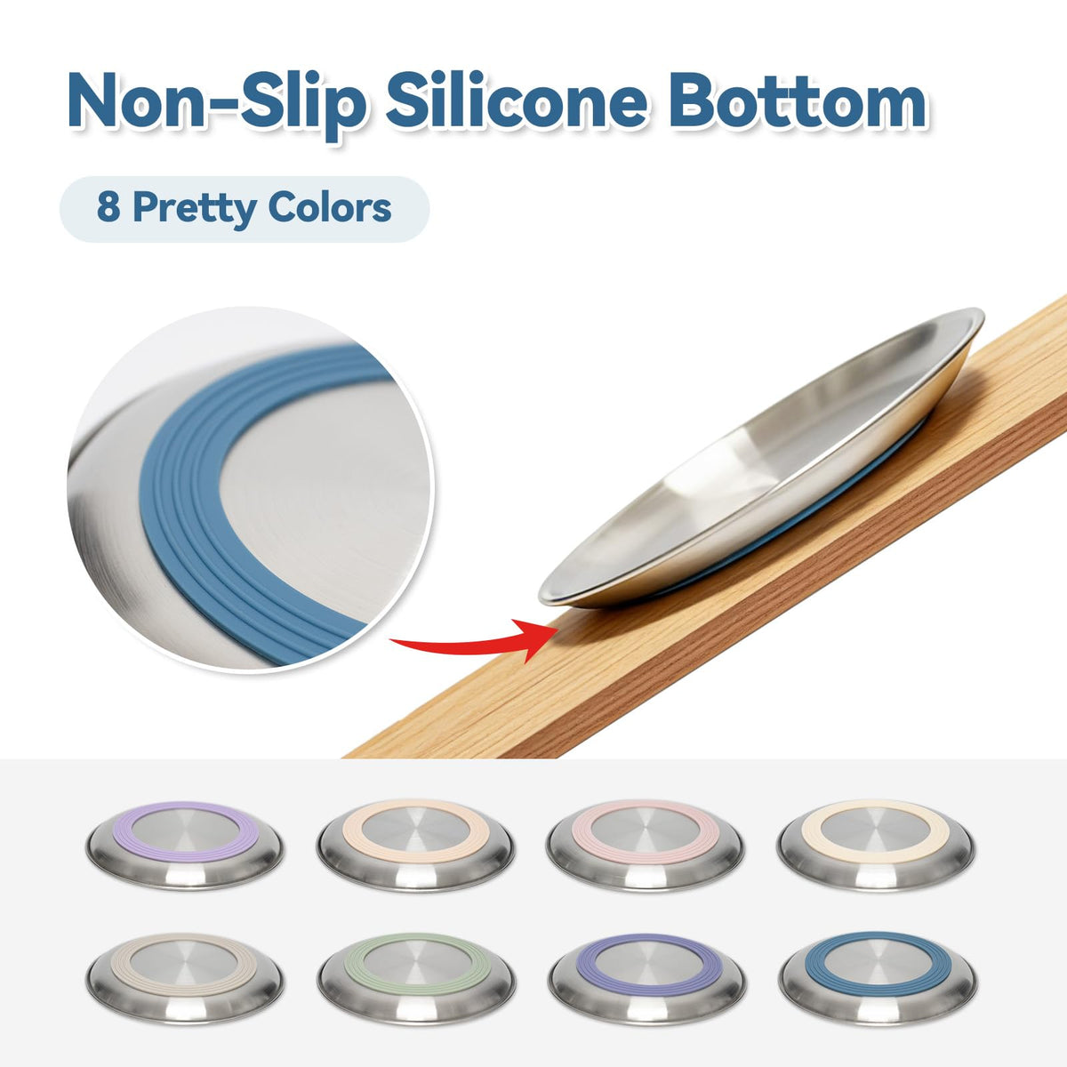 Stylish stainless steel cat food bowls with a non-slip silicone bottom, available in eight vibrant colors at Curat Cart.