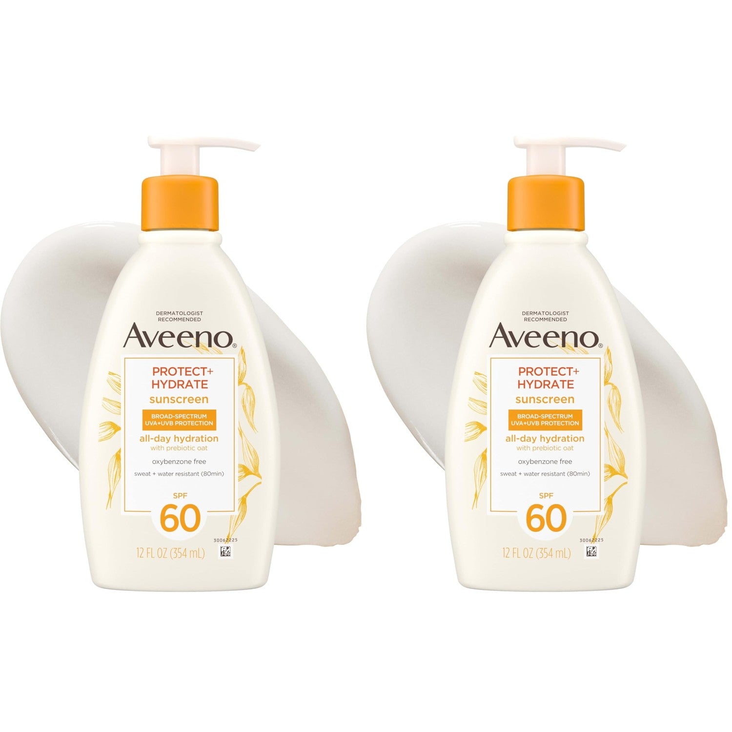 Aveeno Protect + Hydrate Sunscreen Lotion for Body & Face with Prebiotic Oat, SPF 60 Broad Spectrum Sunscreen, Paraben, & Oil Free, Water & Sweat Resistant (80-min) for Sensitive Skin, 12 FI Oz