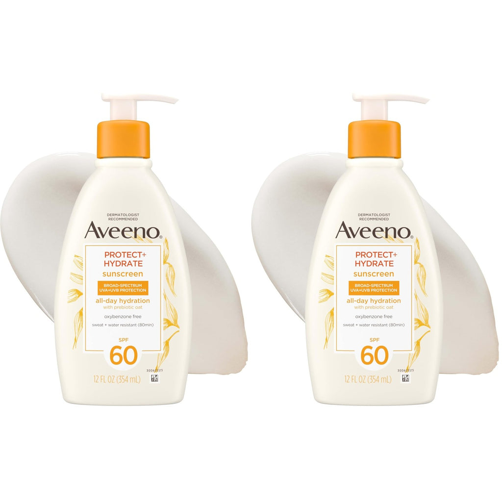 Aveeno Protect + Hydrate Sunscreen Lotion for Body & Face with Prebiotic Oat, SPF 60 Broad Spectrum Sunscreen, Paraben, & Oil Free, Water & Sweat Resistant (80-min) for Sensitive Skin, 12 FI Oz