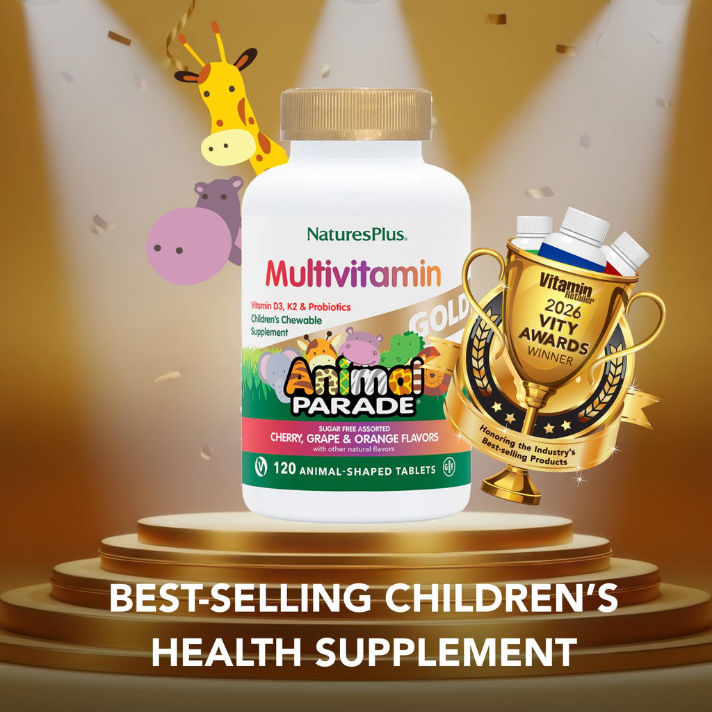NaturesPlus Animal Parade Gold Children's Multivitamin - Assorted Cherry, Orange & Grape Flavors - 120 Chewable Animal-Shaped Tablets - Vegetarian, Gluten Free - 60 Servings