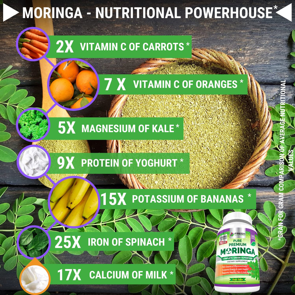 FRESH HEALTHCARE Moringa Capsules - 100% Pure Leaf Powder Supplement, 180 Pills, Non-GMO, 3 Month Supply, Complete Green Superfood for Energy, Skin, Immune and Gut Health Support
