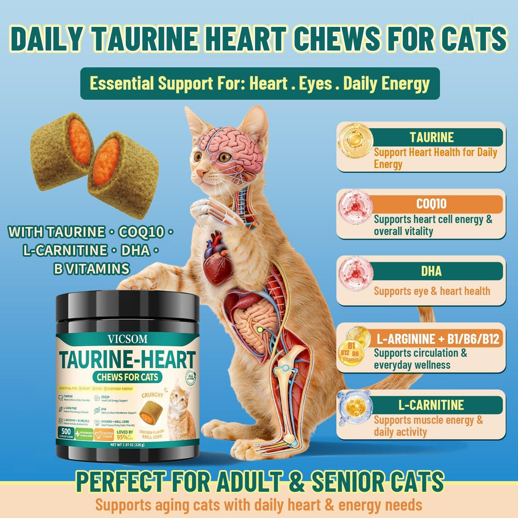 VICSOM Taurine for Cats, Cat Supplements for Heart & Vision, 500 Chews
