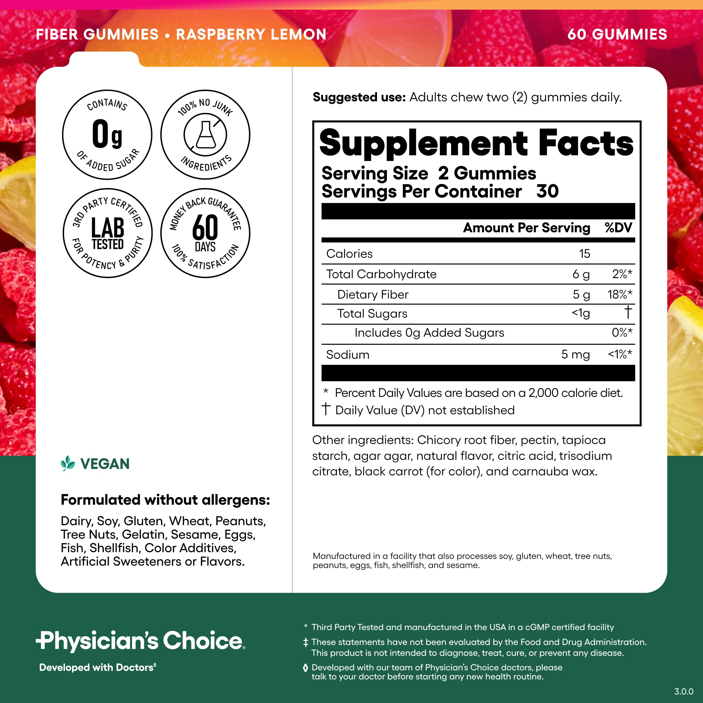 Physician's CHOICE Fiber Gummies for GLP-1 Support - No Sugar Added & Vegan - Raspberry Lemon - Natural Chicory Root Prebiotic Fiber Gummy - Digestive Health & Regularity for Women & Men - 60CT