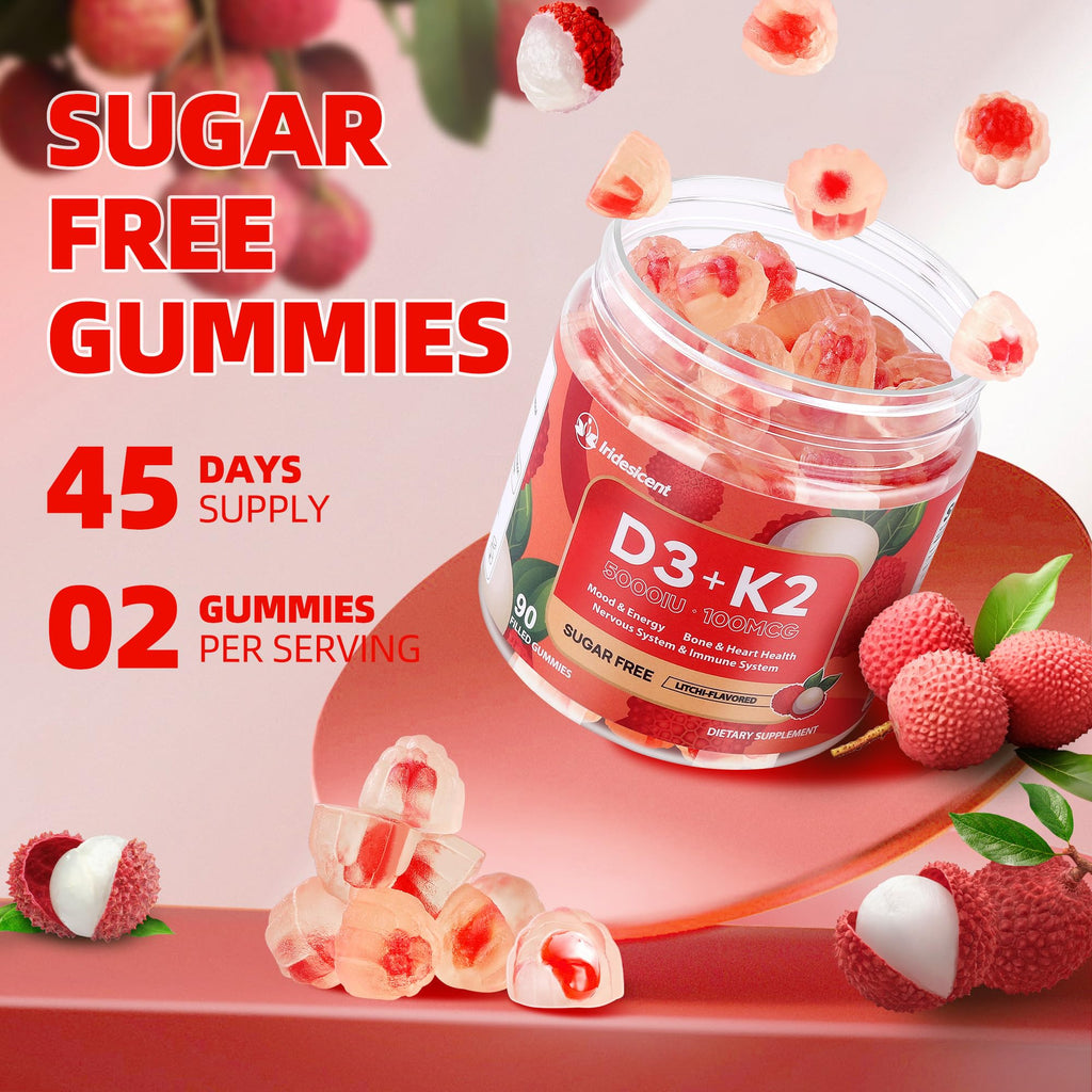 Vitamin D3 K2 Gummies, 5000 IU D3 + 100mcg K2, 90 Count | D3 K2 Supplement with MK-7, Sugar Free Vegan Gummies, Supports Bone Health for Adults, Lychee Flavor