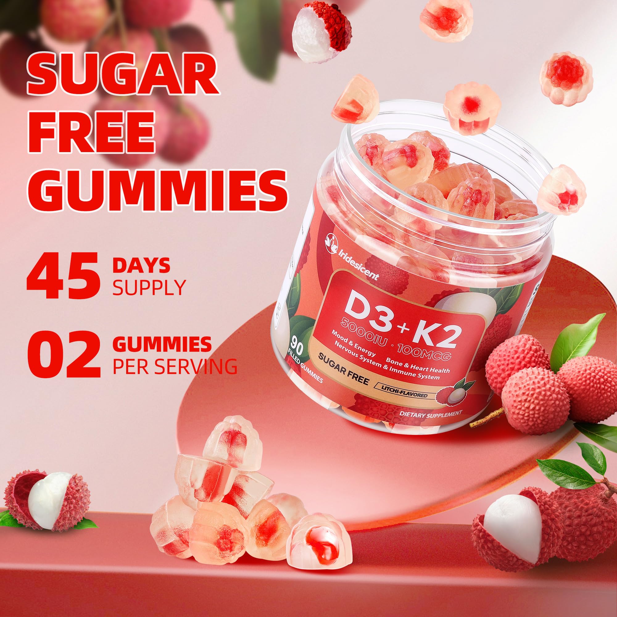 Vitamin D3 K2 Gummies, 5000 IU D3 + 100mcg K2, 90 Count | D3 K2 Supplement with MK-7, Sugar Free Vegan Gummies, Supports Bone Health for Adults, Lychee Flavor