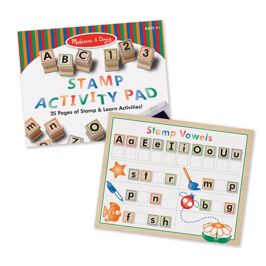 Buy now Melissa & Doug Deluxe Letters and Numbers Wooden Stamp Set ABCs 123s With Activity Book, 4-Color Stamp Pad - FSC Certified at indiglob india
