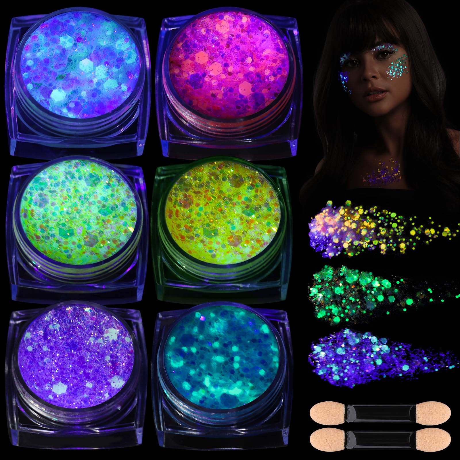 Teenitor 6 Colors Glow in The Dark Glitter Gel, Face Glitter Gel, Body Glitter Hair Glitter for Carnival Makeup UV Black Light Party Cheer Raves Festivals
