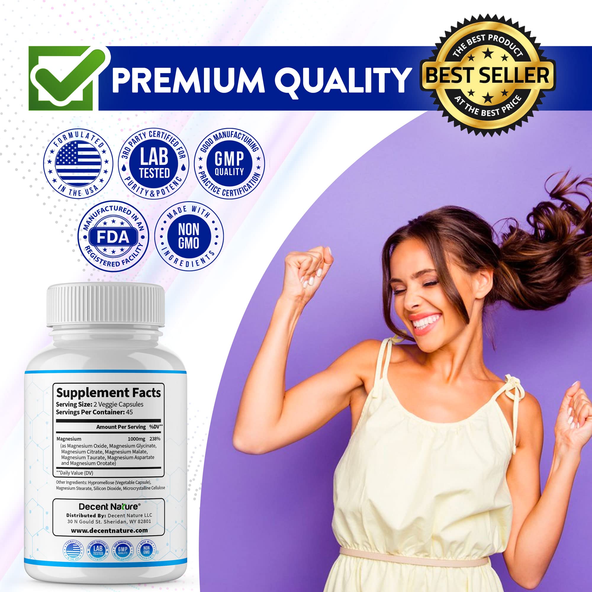 Magnesium Complex 7 Elemental Magnesium Supplement 1000mg – Magnesium Glycinate, Citrate, Malate, Taurate, Oxide, Aspartate, Orotate Non-GMO 90 Capsules (Pack of 1)