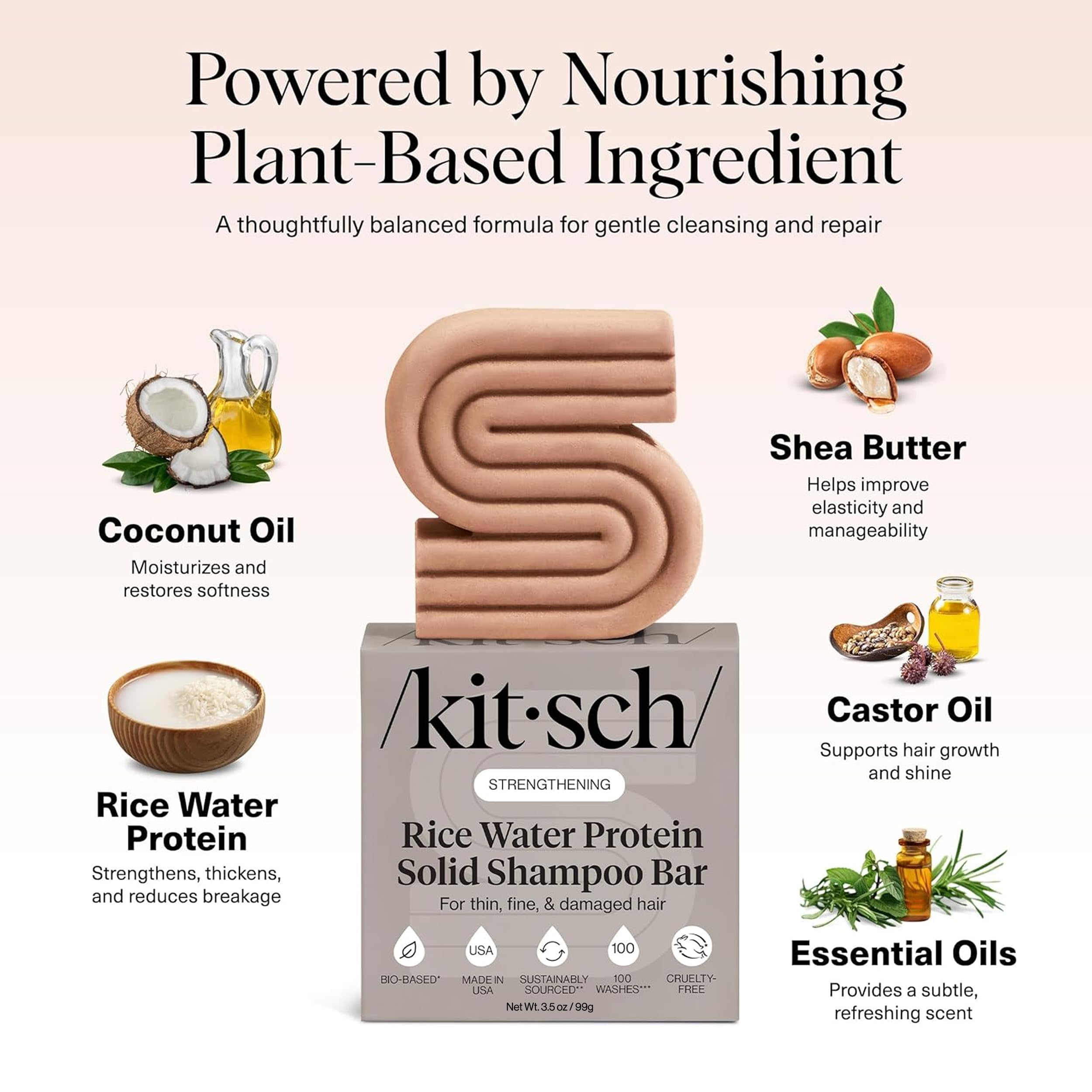 Kitsch Rice Water Shampoo Bar Soap for Hair Growth – Made in USA, 3.5 oz | Strengthening Hair Shampoo for Women & Men – Reduce Breakage, Boosts Shine – Paraben, Silicone & Sulfate-Free Hair Care