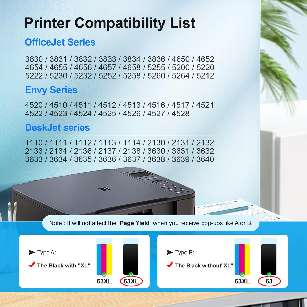 63XL Ink Cartridges Black and Color High Yield for HP Ink 63, Compatible for HP 63XL Ink Cartridge Combo Pack Work for HP OfficeJet 3830 4650 5255 5258 Envy 4520 4512 DeskJet 1112 2130 3630 (2 Pack)