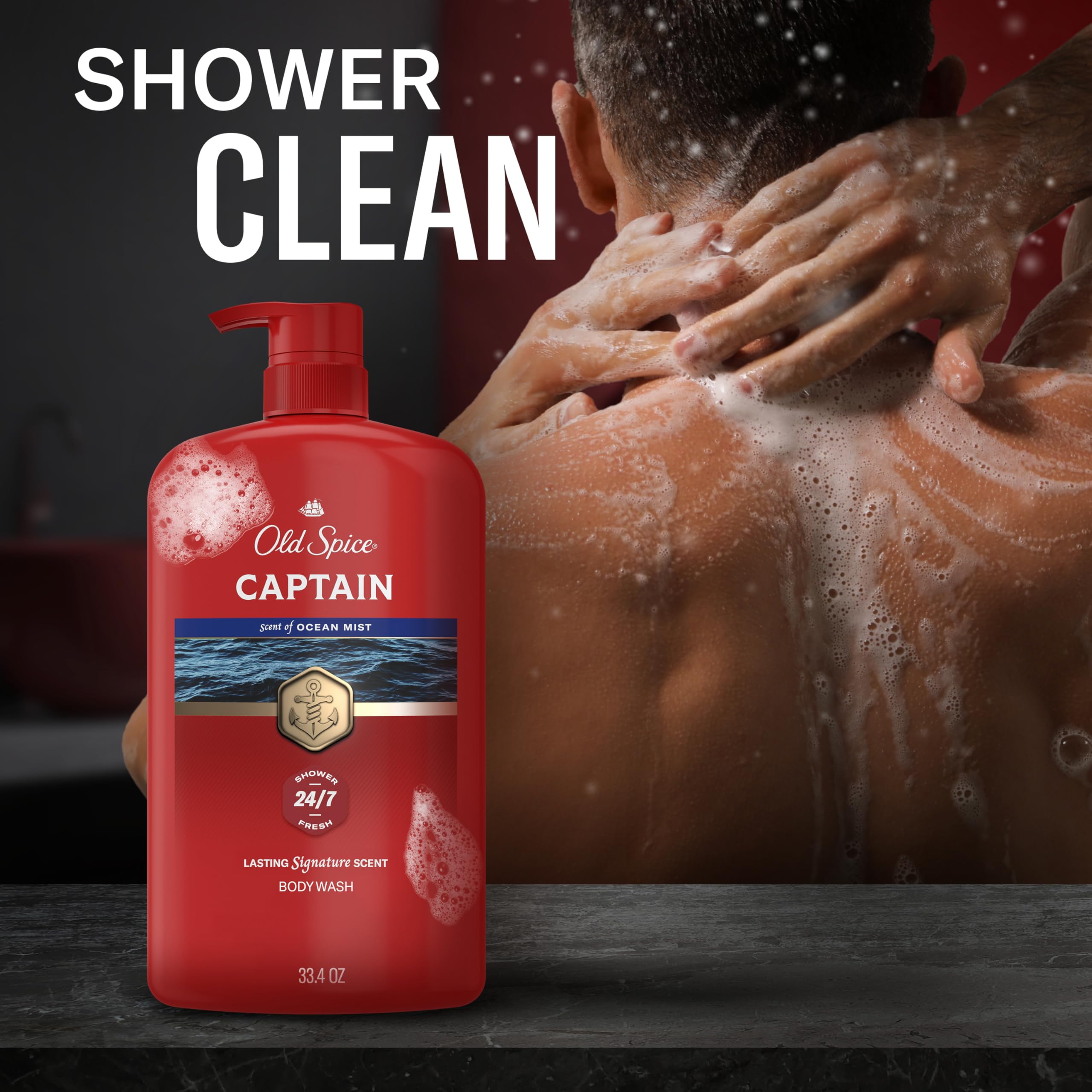 Old Spice Refreshing Body Wash for Men, 3X Defense, 24/7 Shower Fresh with Long Lasting Scent, Red Collection, Captain with Bergamot Scent, 33.4 oz