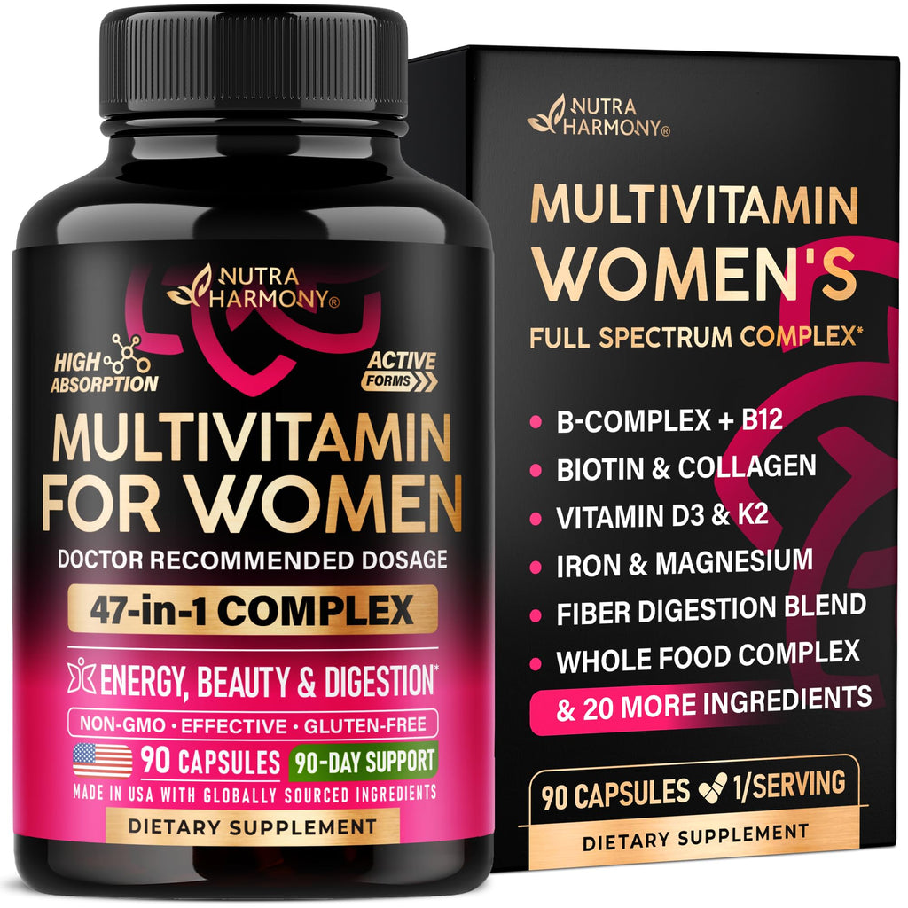 Multivitamin for Women 47in1 - B-Complex, Biotin, D3 & K2, Iron - 90 Caps | Womens Multivitamin - Whole Foods | Hair Growth Support | Digestion & Metabolism - Bioavailable & Gentle on Stomach - 1/Day