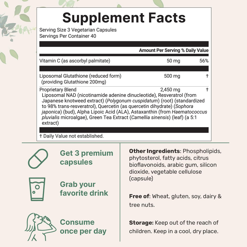 Micro Ingredients Liposomal Reduced Glutathione Complex 3,000mg - 8‑in‑1 Advanced Glutathione Supplement with NAD, Resveratrol, Quercetin, Alpha Lipoic Acid & Vitamin C - 120 Vegetarian Caps