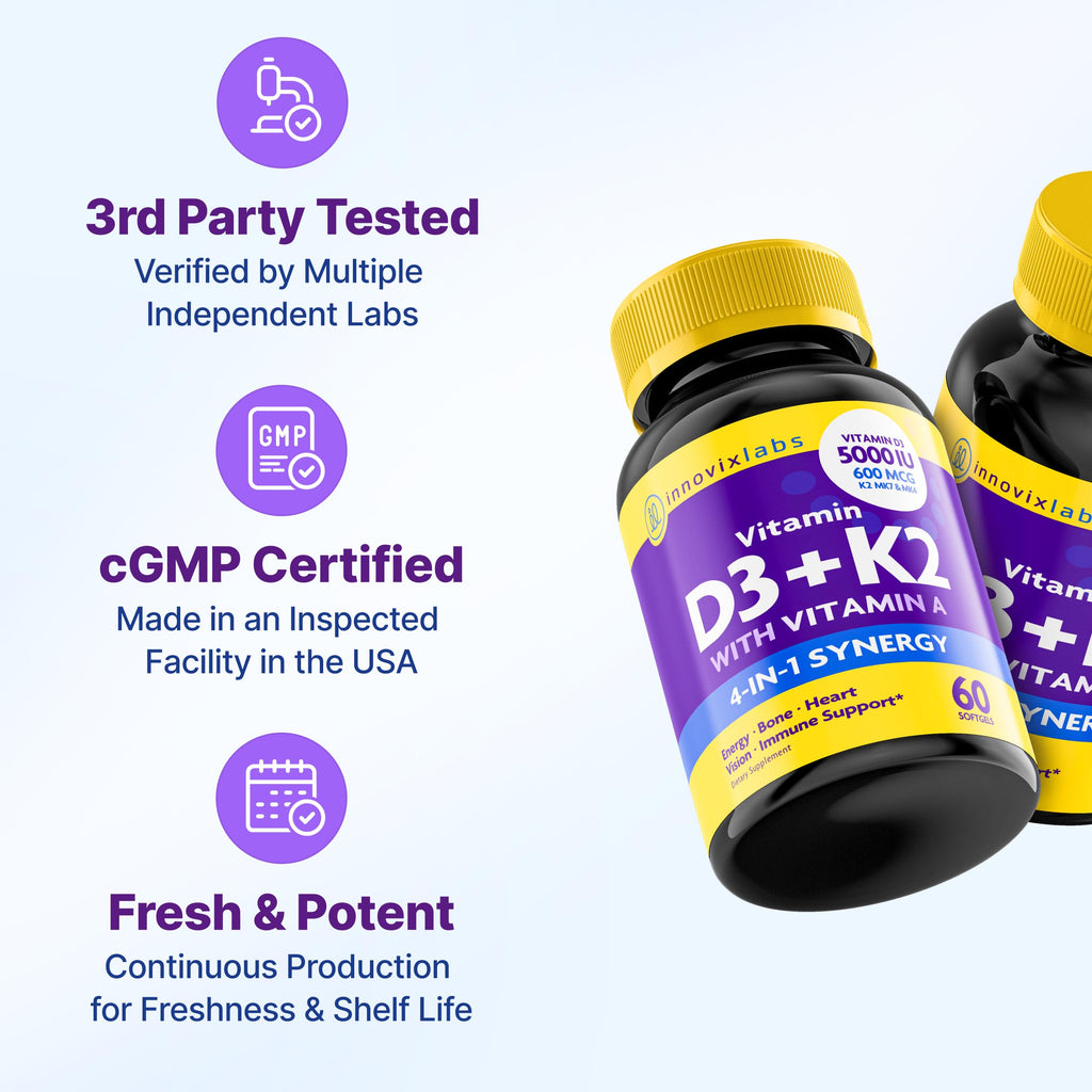 InnovixLabs D3 K2 Vitamin 5000 IU Supplement with Vitamin A (60 Softgels) (Pack of 2)