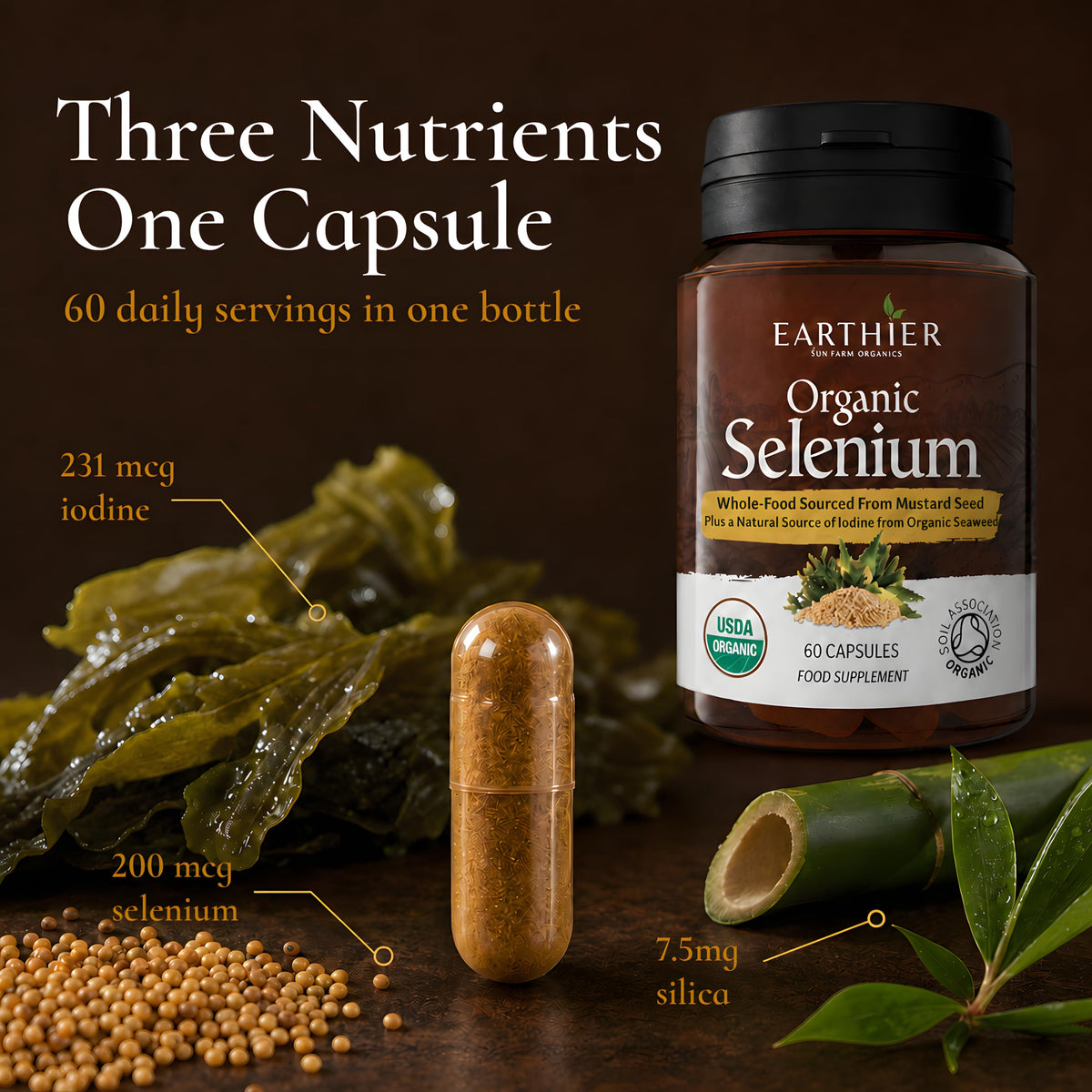Organic Selenium 200 mcg with Iodine and Silica All from Certified Organic Whole Foods - Two Month Supply