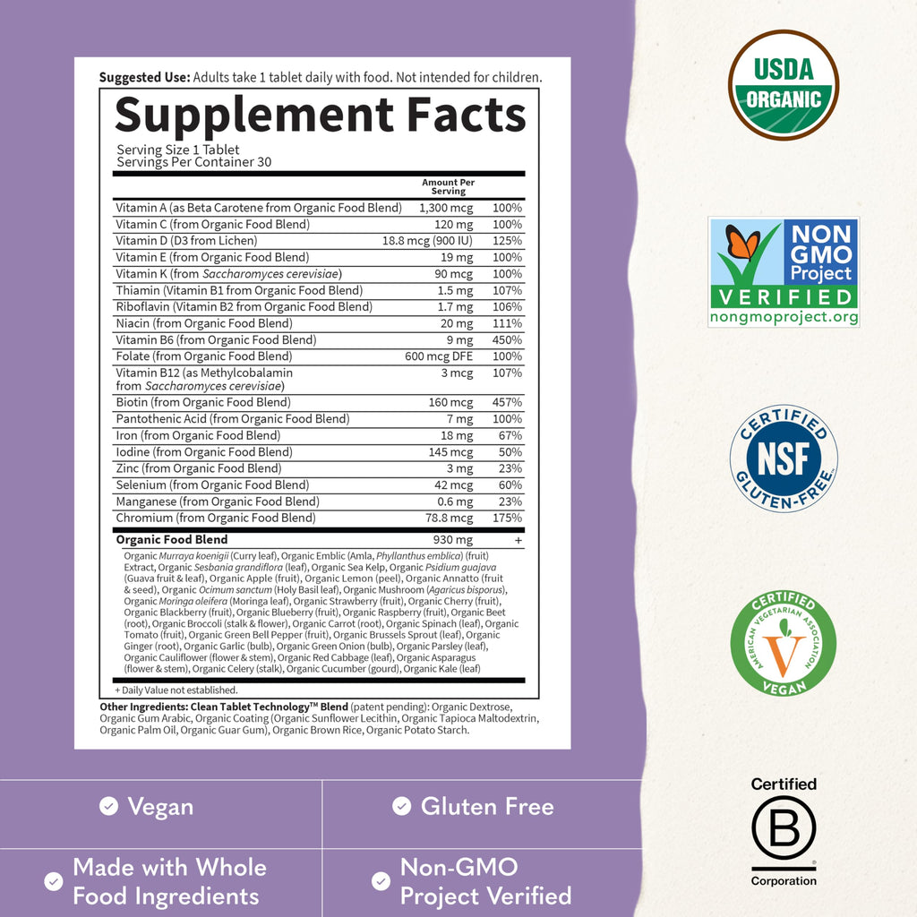 Garden of Life Organics Prenatal Once Daily with Folate, Vitamin C, B6, B12 & D3 – Prenatal Vitamins for Women with Energy Metabolism Support for Healthy Fetal Development, Non-GMO, Vegan, 30 Tablets