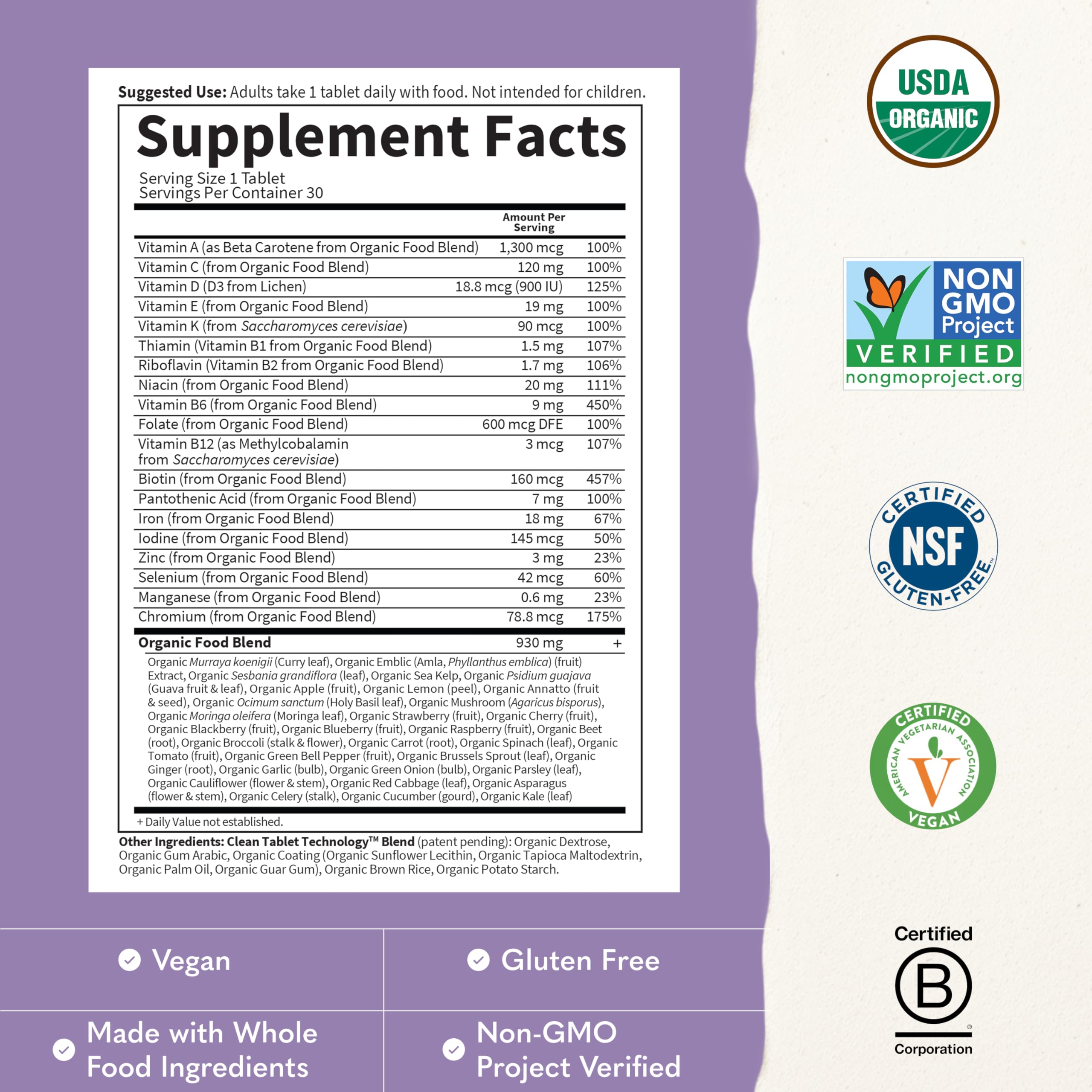 Garden of Life Organics Prenatal Once Daily with Folate, Vitamin C, B6, B12 & D3 – Prenatal Vitamins for Women with Energy Metabolism Support for Healthy Fetal Development, Non-GMO, Vegan, 30 Tablets