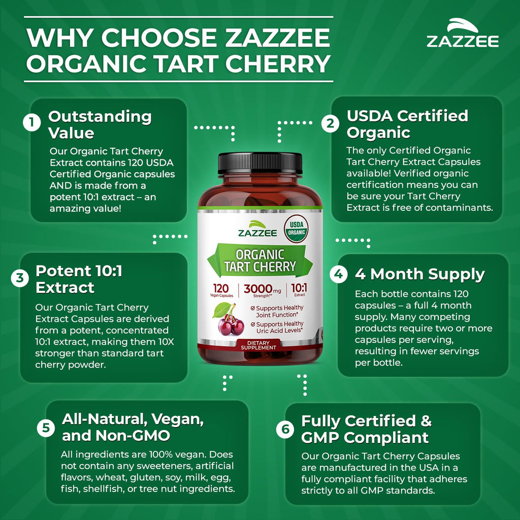 Zazzee USDA Organic Tart Cherry 10:1 Extract, 120 Capsules, 4 Month Supply | Vegan, Montmorency Cherry, Daily Wellness Antioxidant Support, Organic Herbal Supplement, All-Natural, Non-GMO, Made in USA