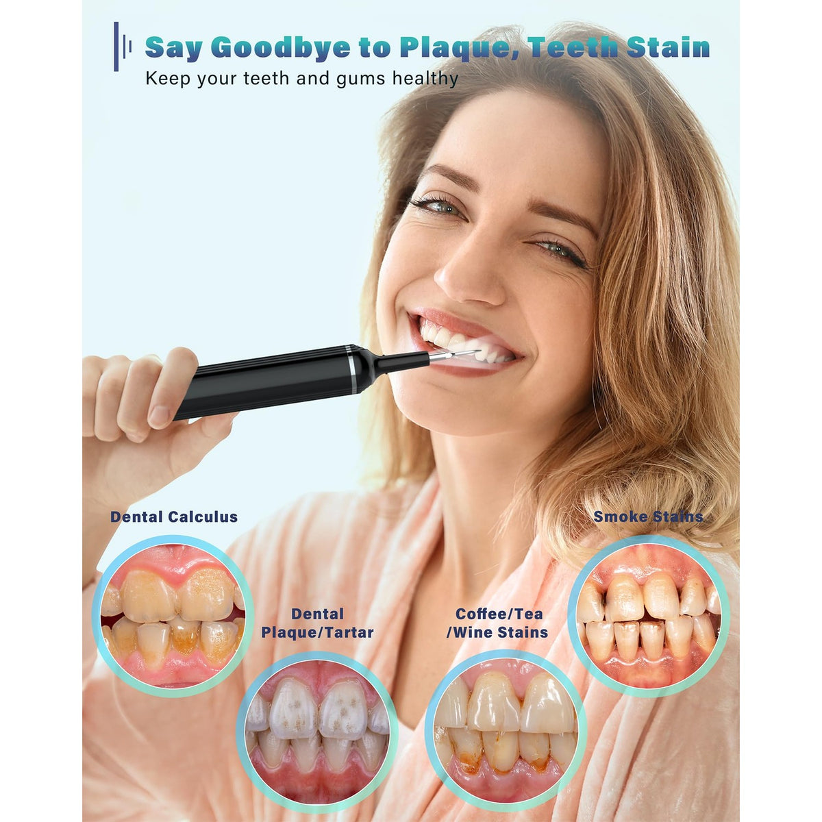 Plaque Remover for Teeth, Dental Cleaning Kit Tartar Remover for Teeth with LED Light & 5 Modes, Rechargeable Dental Cleaner, 4 Replaceable Heads