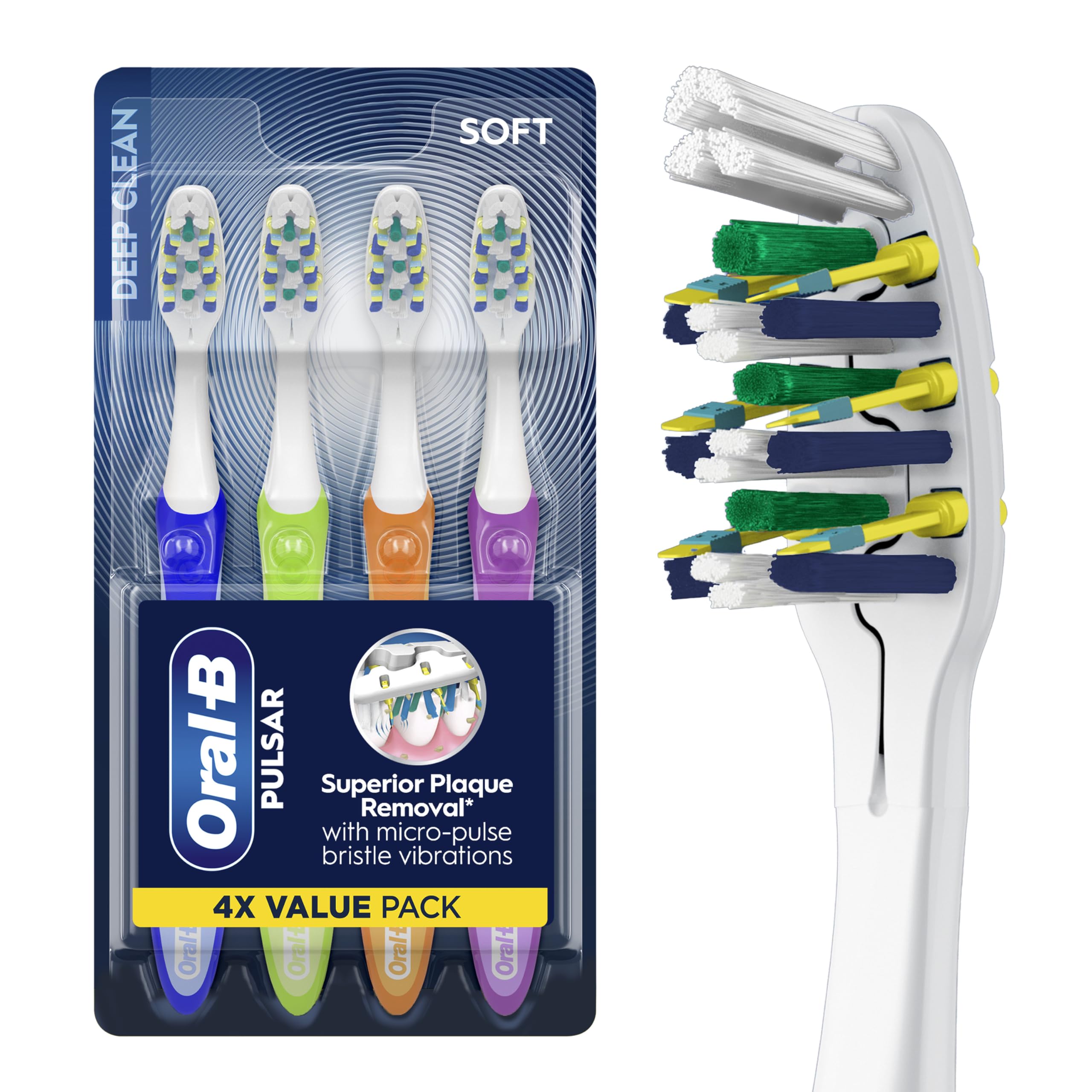 Buy now Oral-B Toothbrush, Vibrating Plaque Remover Pulsar, Vibrating Battery Toothbrush, Soft, 4 Count at indiglob india