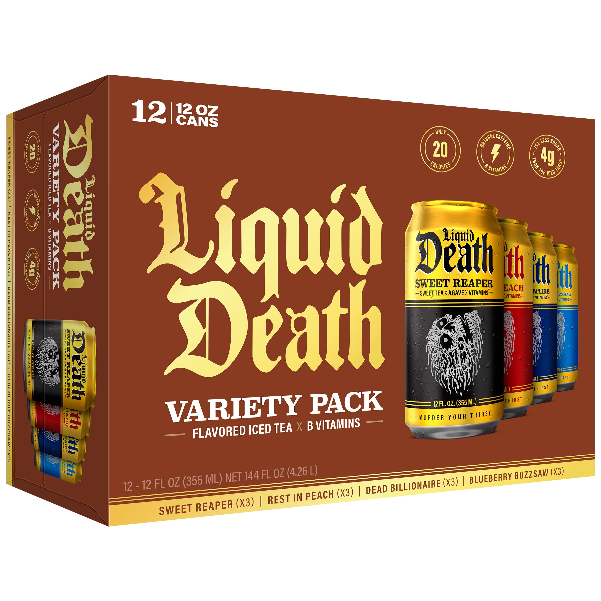 Buy now Liquid Death Iced Tea - Blueberry Buzzsaw (Blueberry-Flavored Black Tea), Less Sugar*, Boost of Caffeine, B Vitamins, No Artificial Sweeteners, 12 Fl Oz (Pack of 12) Classic Tea Variety Pack at indiglob india