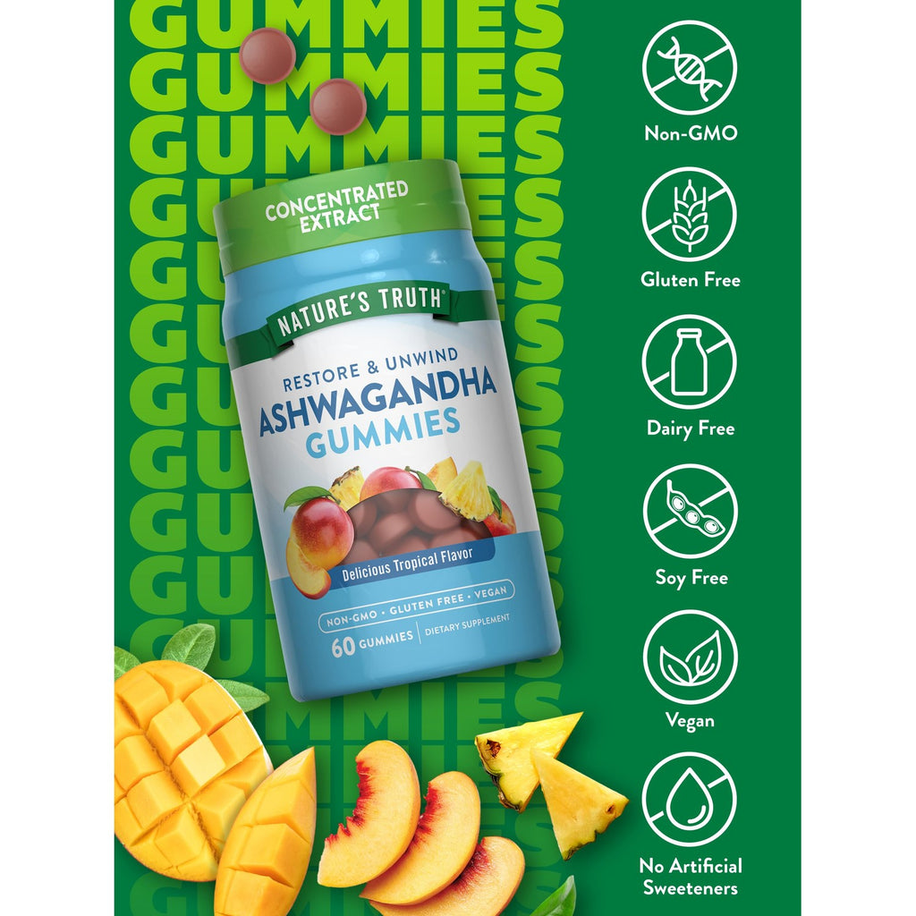 Nature's Truth Ashwagandha Gummies | 60 Count | Tropical Flavor | Vegan, Non-GMO, & Gluten Free Supplement | Vegan, Non-GMO & Gluten Free Supplement