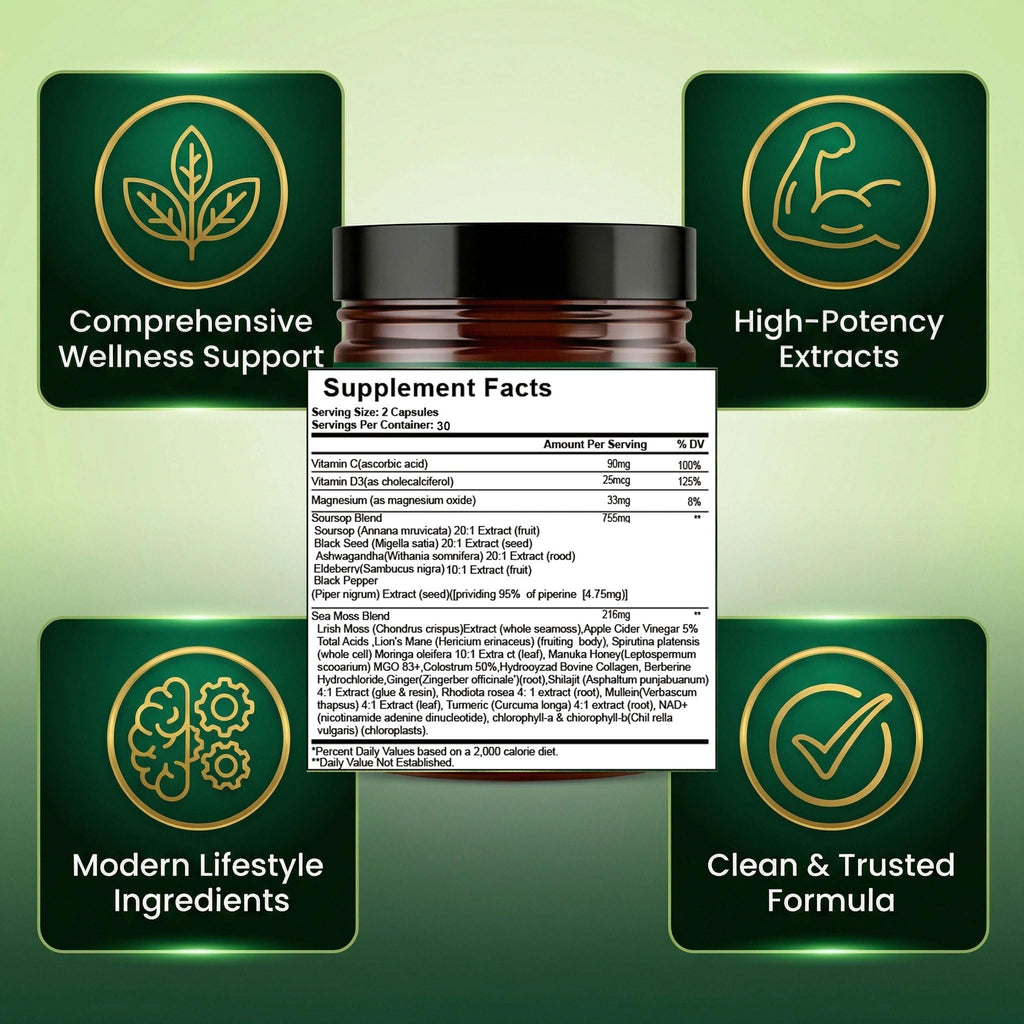 24-in-1 Soursop Capsules with Shilajit, Sea Moss, Lions Mane, Ashwagandha, Elderberry, Vitamin C, D3 & Magnesium | 20:1 Extracts | Daily Wellness Support for Adults | Non-GMO