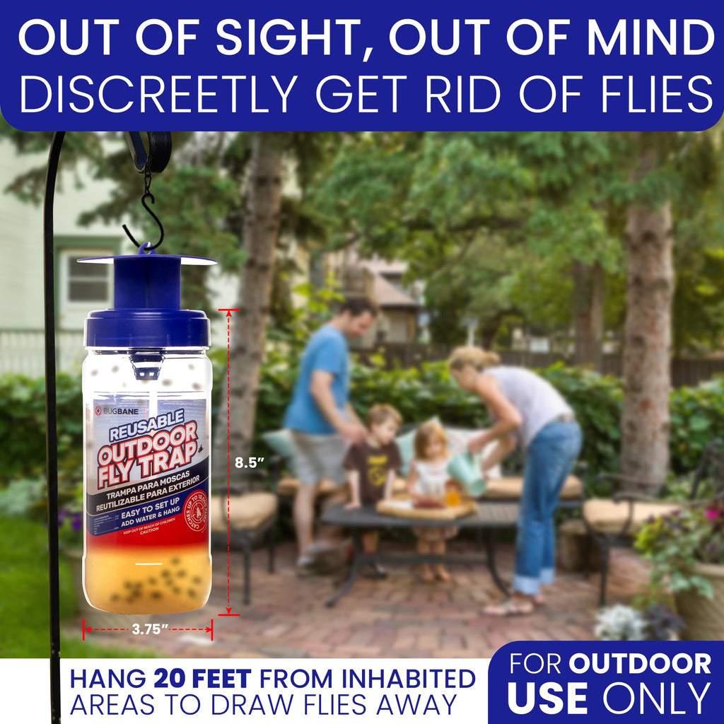 2 Fly Traps Outdoor Fly Trap for Patio with 4 Non-Toxic Dissolvable Bait Refills and 12 Sticky Ribbons. Reusable Hanging Bug Catcher Killer for All Filth Flies for Outside Bug Control Yard Ranch