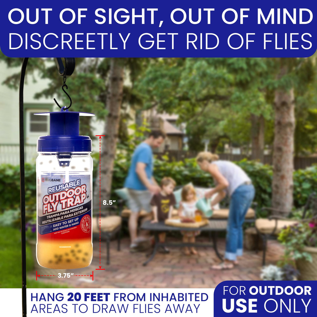 2 Fly Traps Outdoor Fly Trap for Patio with 4 Non-Toxic Dissolvable Bait Refills and 12 Sticky Ribbons. Reusable Hanging Bug Catcher Killer for All Filth Flies for Outside Bug Control Yard Ranch