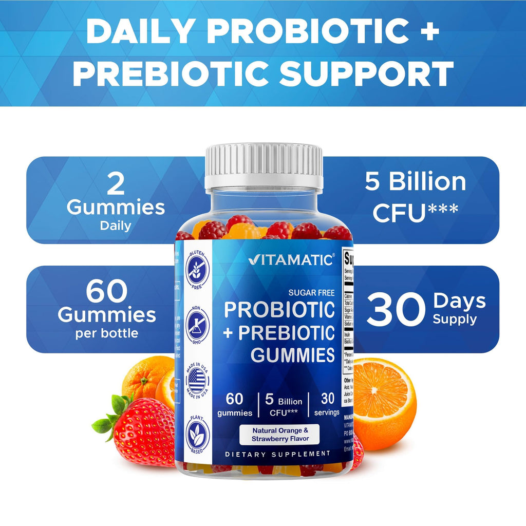 Vitamatic Sugar Free Probiotic + Prebiotic Gummies, 60 Count | 5 Billion CFU Bacillus Coagulans per serving, Support Digestive Health and Gut Flora Balance*, Non-GMO, Made in USA