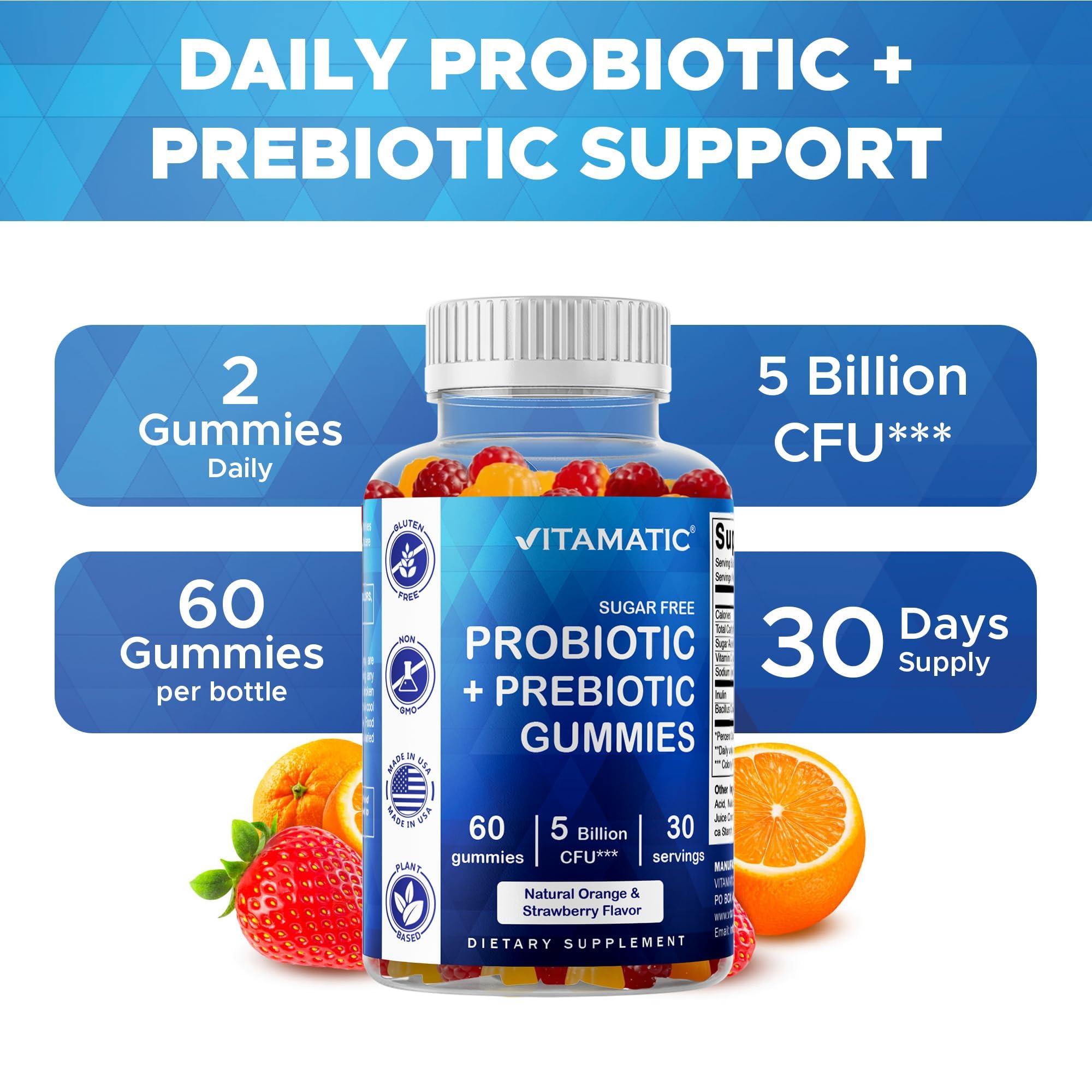 Vitamatic Sugar Free Probiotic + Prebiotic Gummies, 60 Count | 5 Billion CFU Bacillus Coagulans per serving, Support Digestive Health and Gut Flora Balance*, Non-GMO, Made in USA