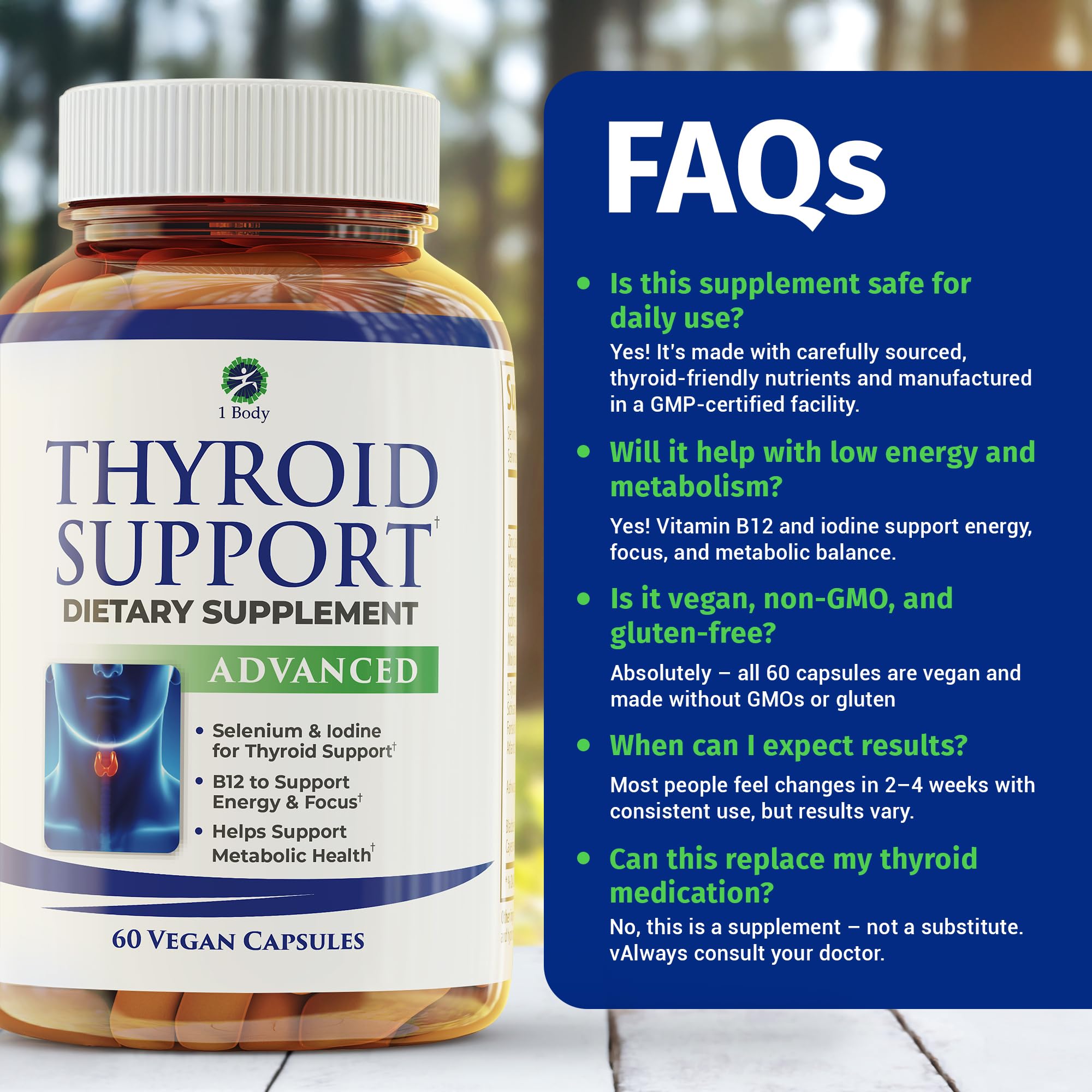 1 Body Thyroid Support for Women & Men, Iodine & Selenium Supplement | Supports healthy thyroid function, energy production, metabolism & daily wellness with essential nutrients.