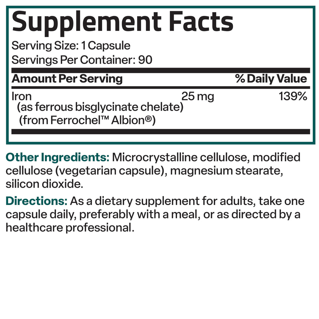 Bronson Iron Bisglycinate 25 mg, 90 Vegetarian Capsules | Gentle on the Stomach, Non-Constipating, Supports Energy & Red Blood Cell Production, Non-GMO, Gluten-Free & Soy-Free