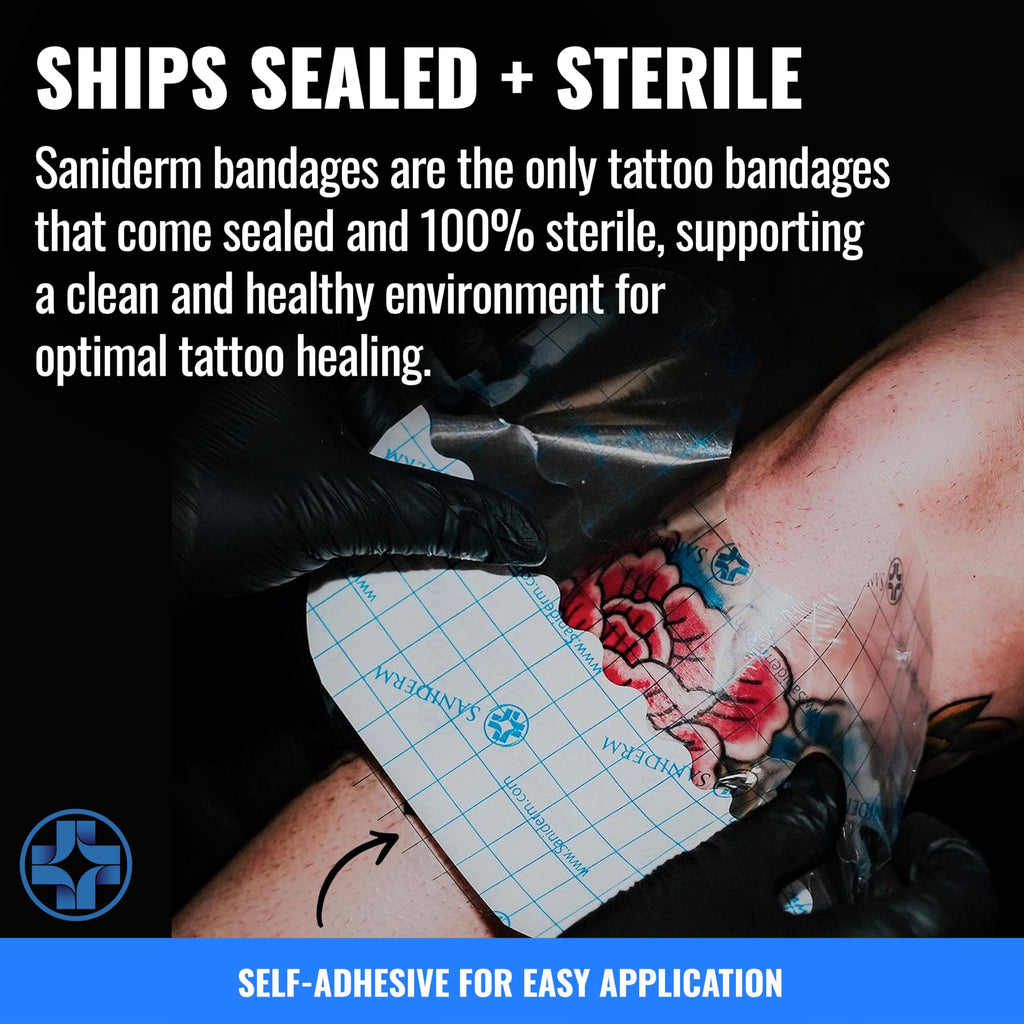 Saniderm - Tattoo Aftercare Bandage 10 Sheets - 4 x 4 Inch Small Pack | Contains Waterproof, Sterile, Latex-Free Bandage Sheets and Medical-Grade Tattoo Aftercare Film for Fresh Ink Protection.