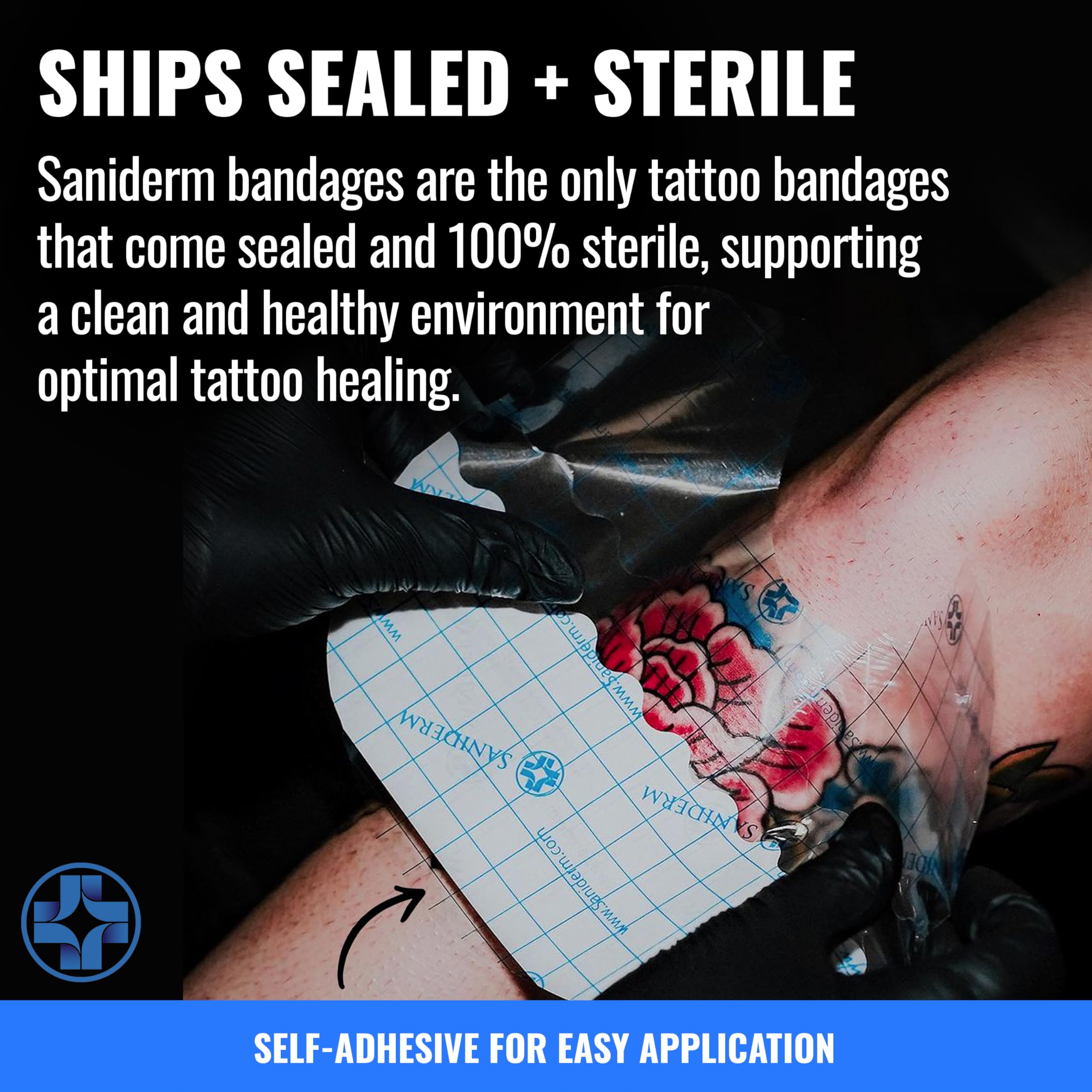 Saniderm - Tattoo Aftercare Bandage 10 Sheets - 4 x 4 Inch Small Pack | Contains Waterproof, Sterile, Latex-Free Bandage Sheets and Medical-Grade Tattoo Aftercare Film for Fresh Ink Protection.