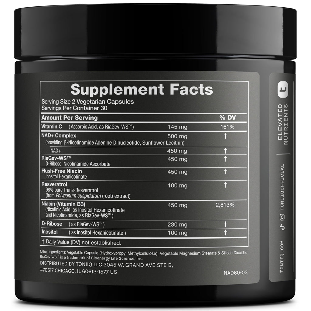 Toniiq Liposomal NAD+ and Resveratrol Supplement - 1500mg | Ultra High Strength NAD Supplement—Clinically Studied Ingredients with Patented RiaGev-WS™, Resveratrol & Niacin—60 Capsules