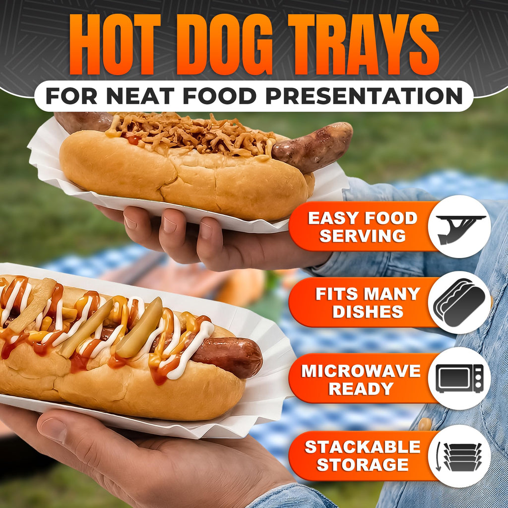 BURIUS Hot Dog Trays 50 Pcs, 8 In Disposable Paper Boats, Grease Resistant