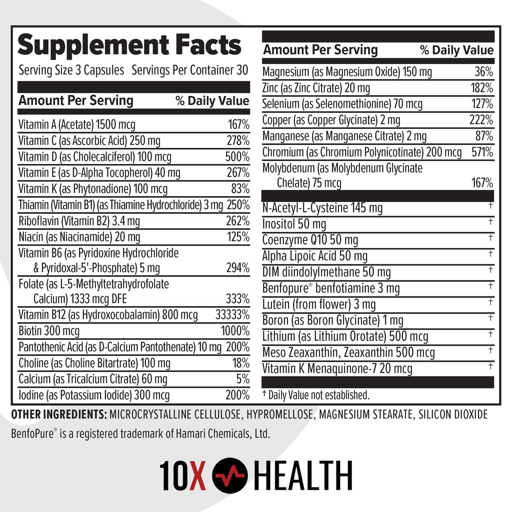 10X Health Methylated Multivitamin - 90 Capsules | Mthfr Supplement: 34-in-1 Formula, 800mcg B12, 5-MTHF & NAC, Methyl B Complex, Non-GMO