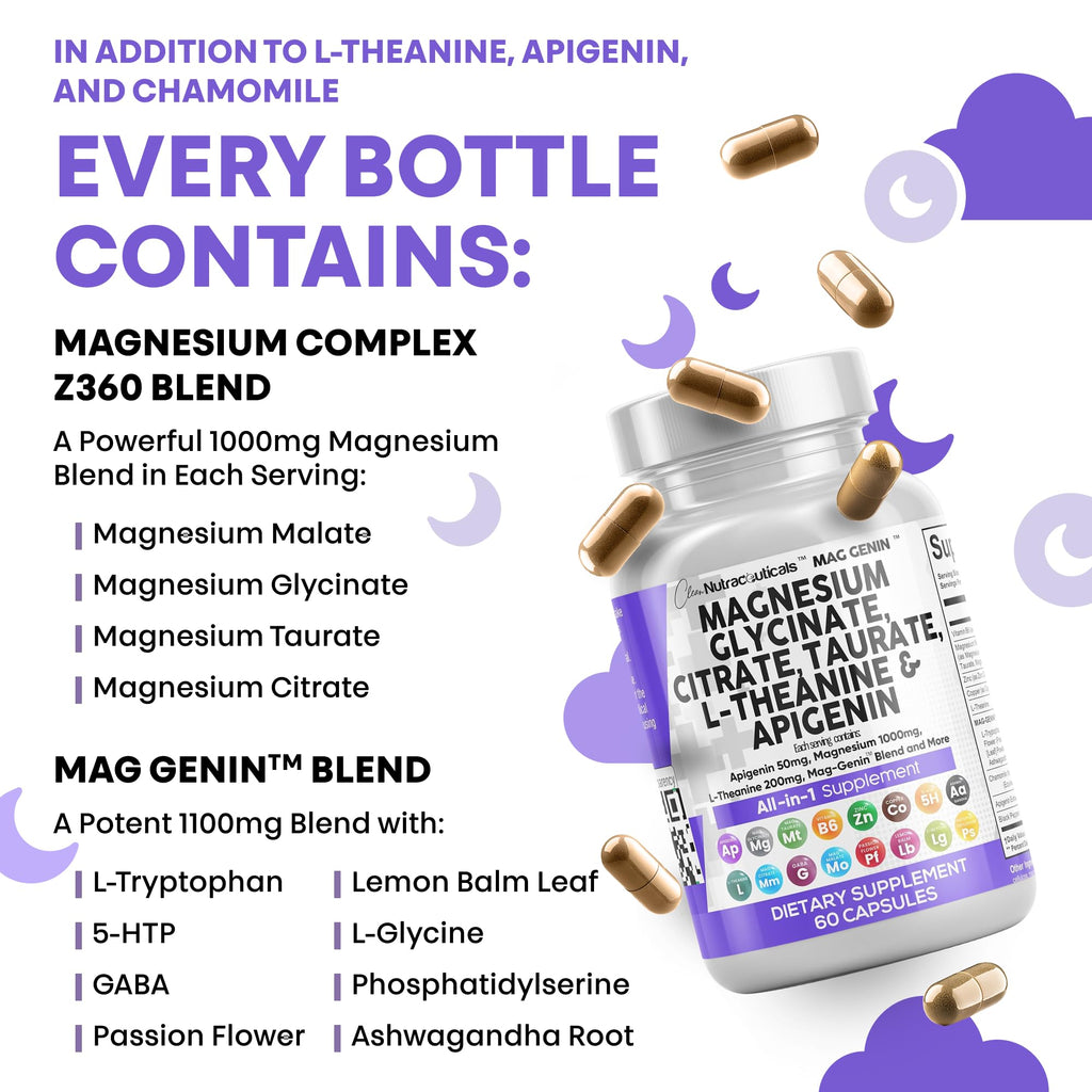 Clean Nutraceuticals Magnesium Glycinate Complex 1000mg with L-Theanine 200mg Apigenin 50mg Citrate Taurate Supplement (60 Count (Pack of 2))