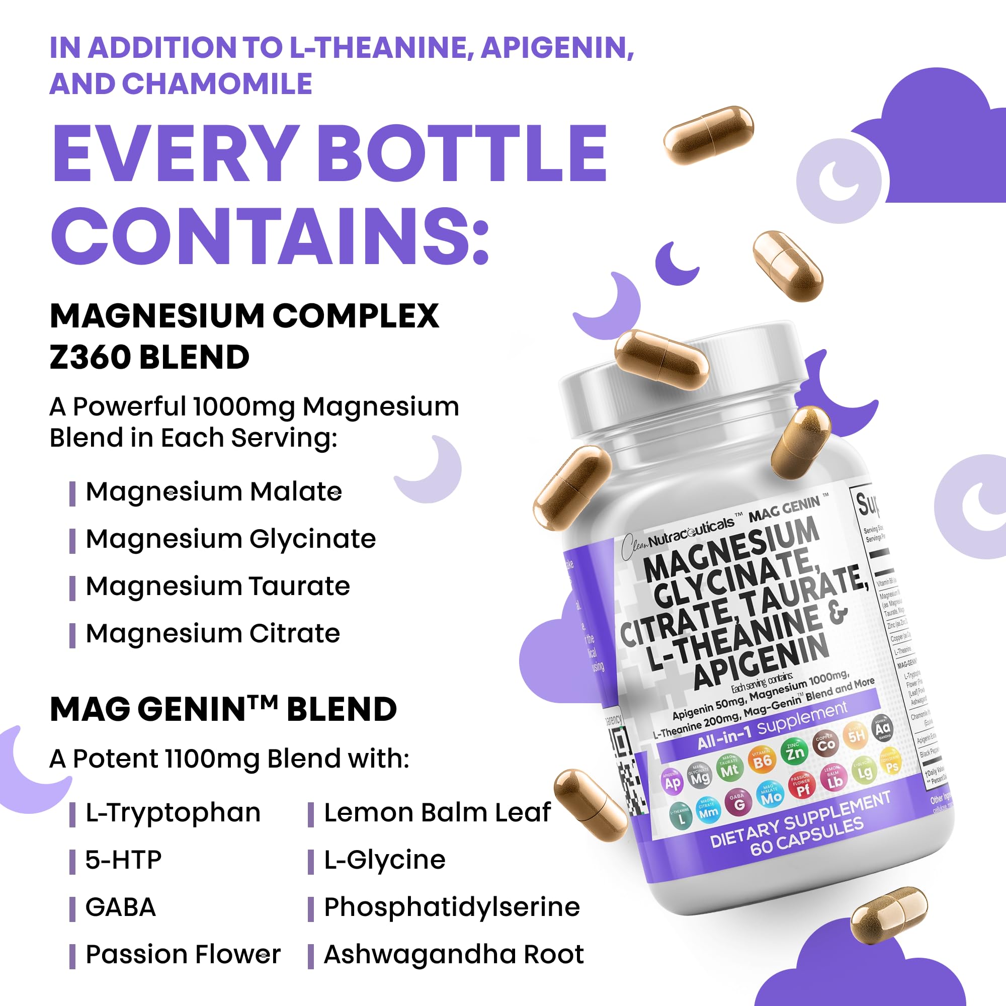 Clean Nutraceuticals Magnesium Glycinate Complex 1000mg with L-Theanine 200mg Apigenin 50mg Citrate Taurate Supplement (60 Count (Pack of 2))