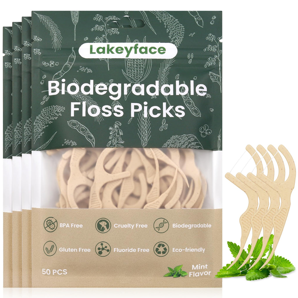 200 Count Biodegradable Dental Floss Picks, Eco Friendly Plant-Based Tooth Flossers for adults, Tear-Resistant Floss Sticks with Wide Handles, Vegan & BPA Free Dental Floss for Natural Oral Care, Mint