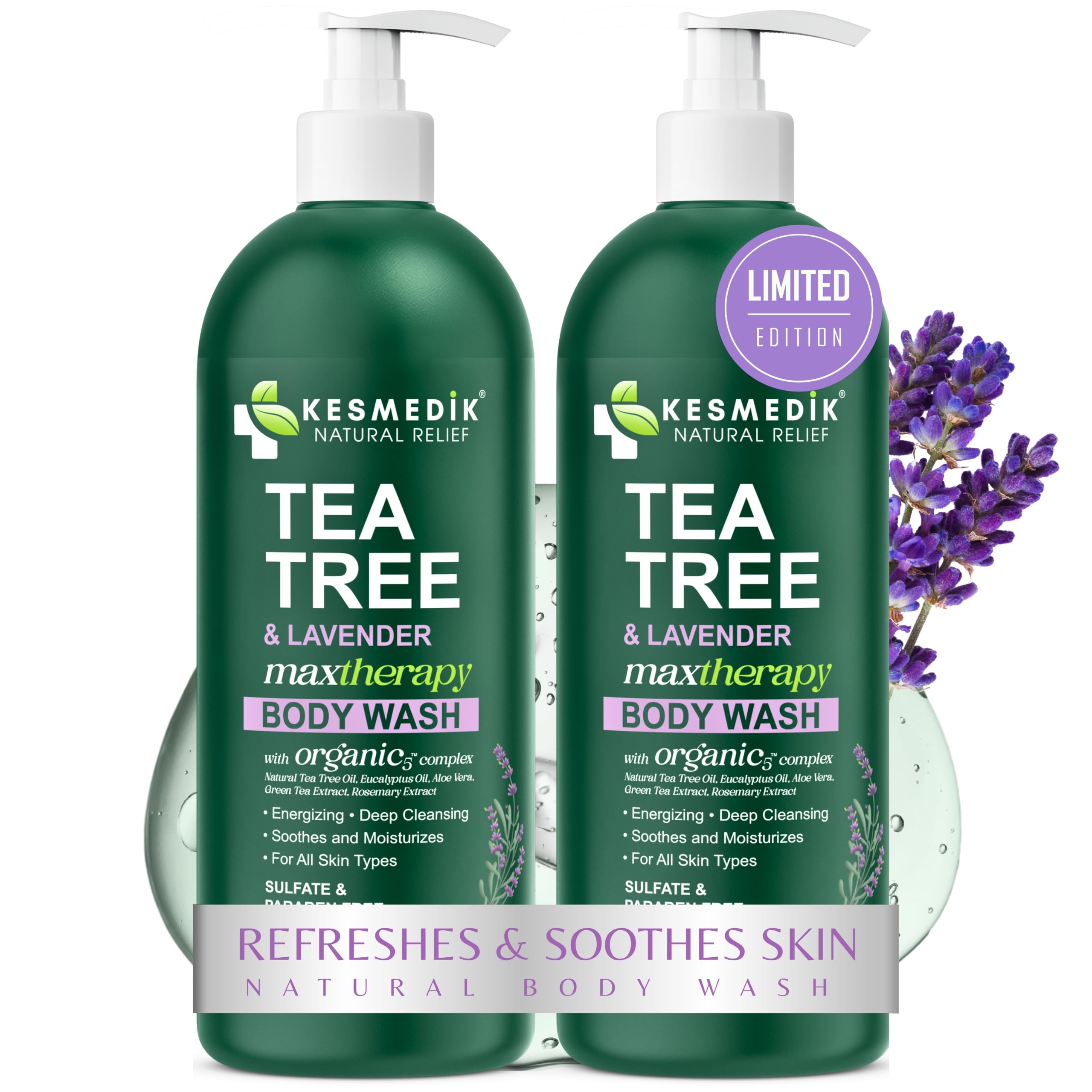 KESMEDIK Tea Tree Body Wash MaxTherapy with 100% Tea Tree Oil for Skin, Eucalyptus & Aloe Vera | Purifying Body Soap, Soothes & Refreshes Sensitive, Itchy Skin, Men & Women, 16 Fl Oz (Pack of 2)